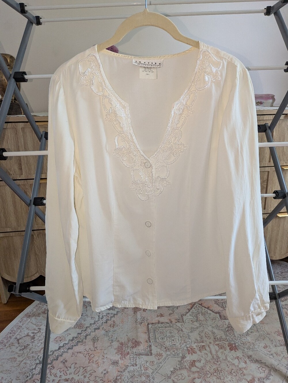 Women's White Embroidered V-Neck Button Front Top